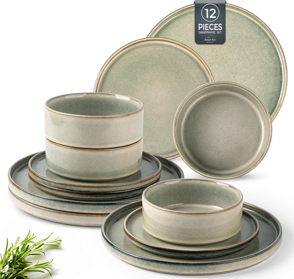 AmorArc Ceramic Dinnerware Sets, Handmade Reactive Glaze Stoneware Plates and Bowls Sets,Highly Chip and Crack Resistant | Dishwasher & Microwave Safe Dishes Set, Service for 4 (12pc)