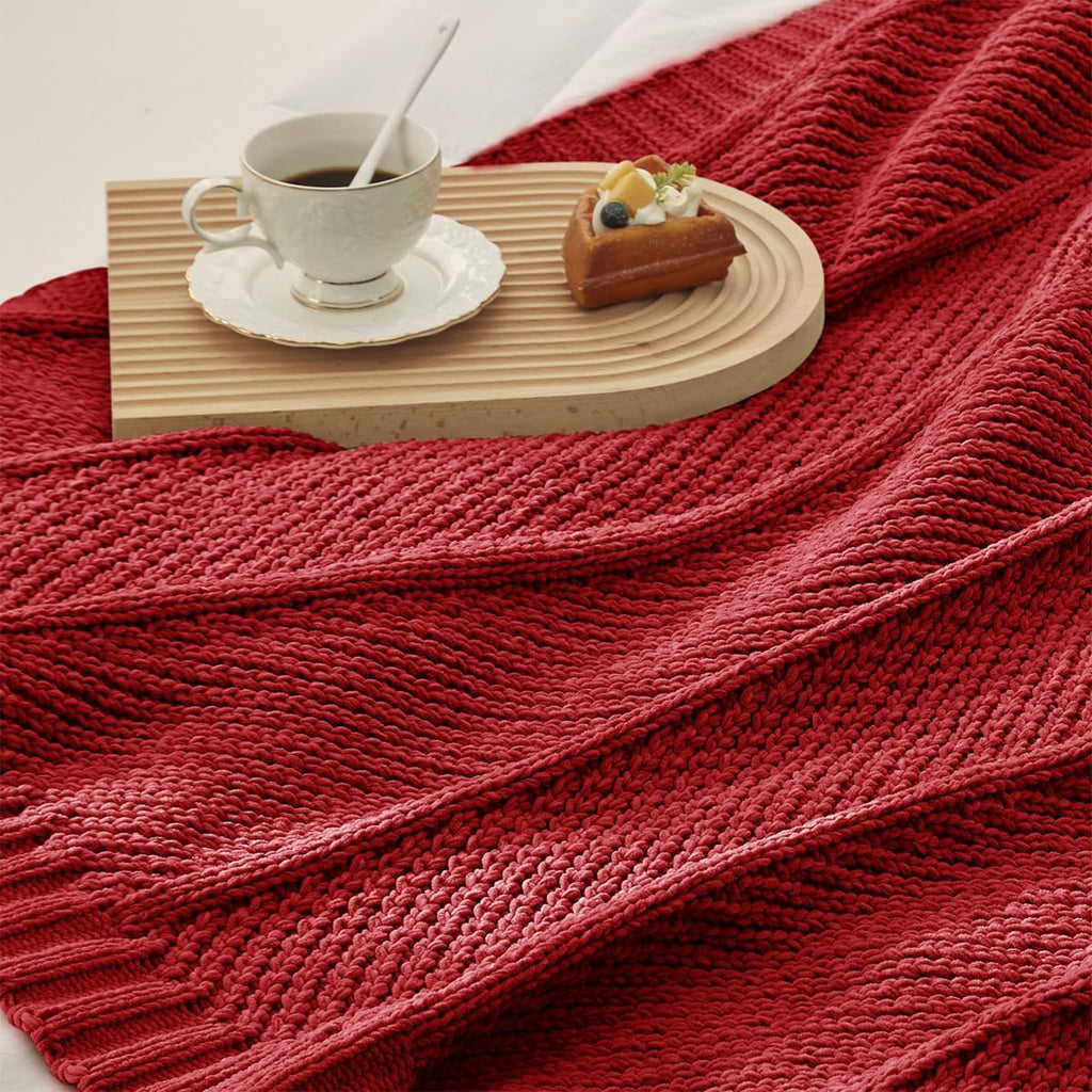 Amélie Home Chenille Knit Throw Blanket for Couch, Chevron Texture Decorative Soft Blanket for Sofa, Bed & Chair, 50"x60", Red
