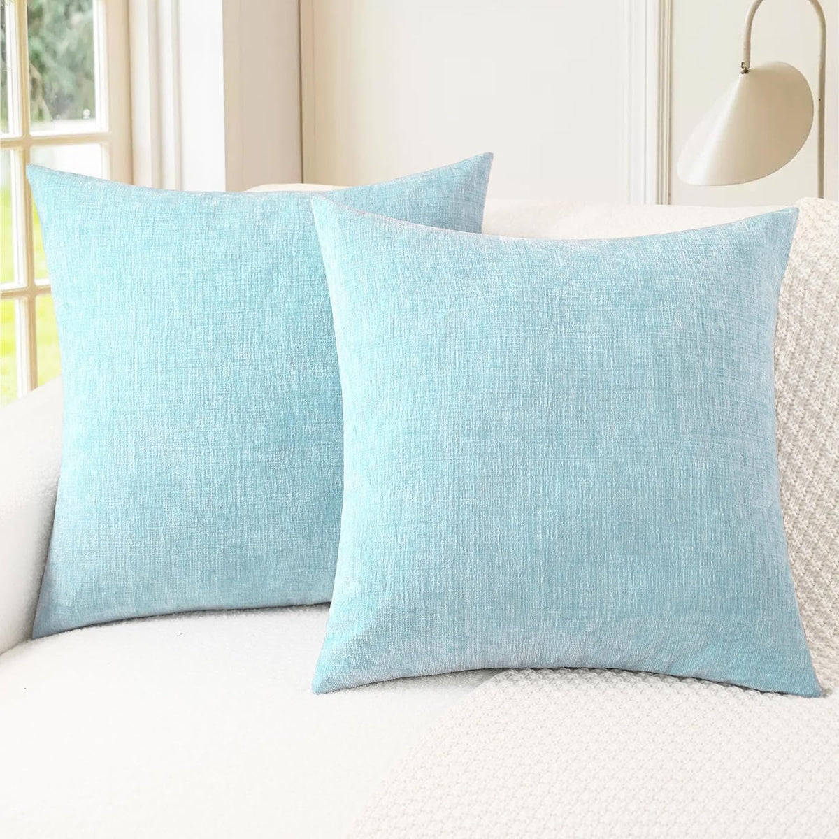 CaliTime Throw Pillow Covers Decorative 20 X 20 Inches Pack of 2 Cozy Chenille Cushion Cases for Couch Sofa Bed Living Room Home Light Blue Grey