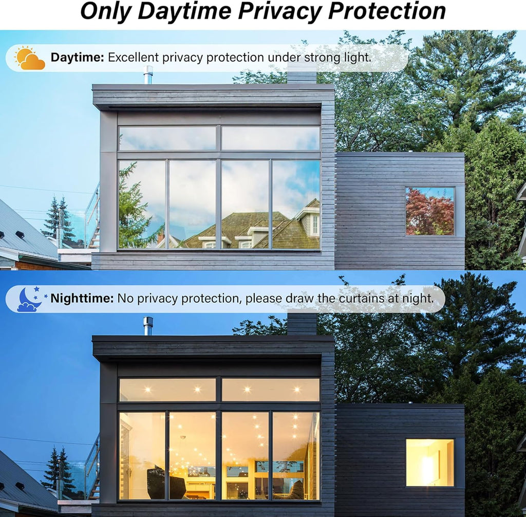 Kromapolis One Way Window Privacy Film Reflective Mirror Home Window Tint, Daytime Privacy Heat Control Anti UV Glass Tinting Static Cling (Silver, 35.4 x 118.1 inch)