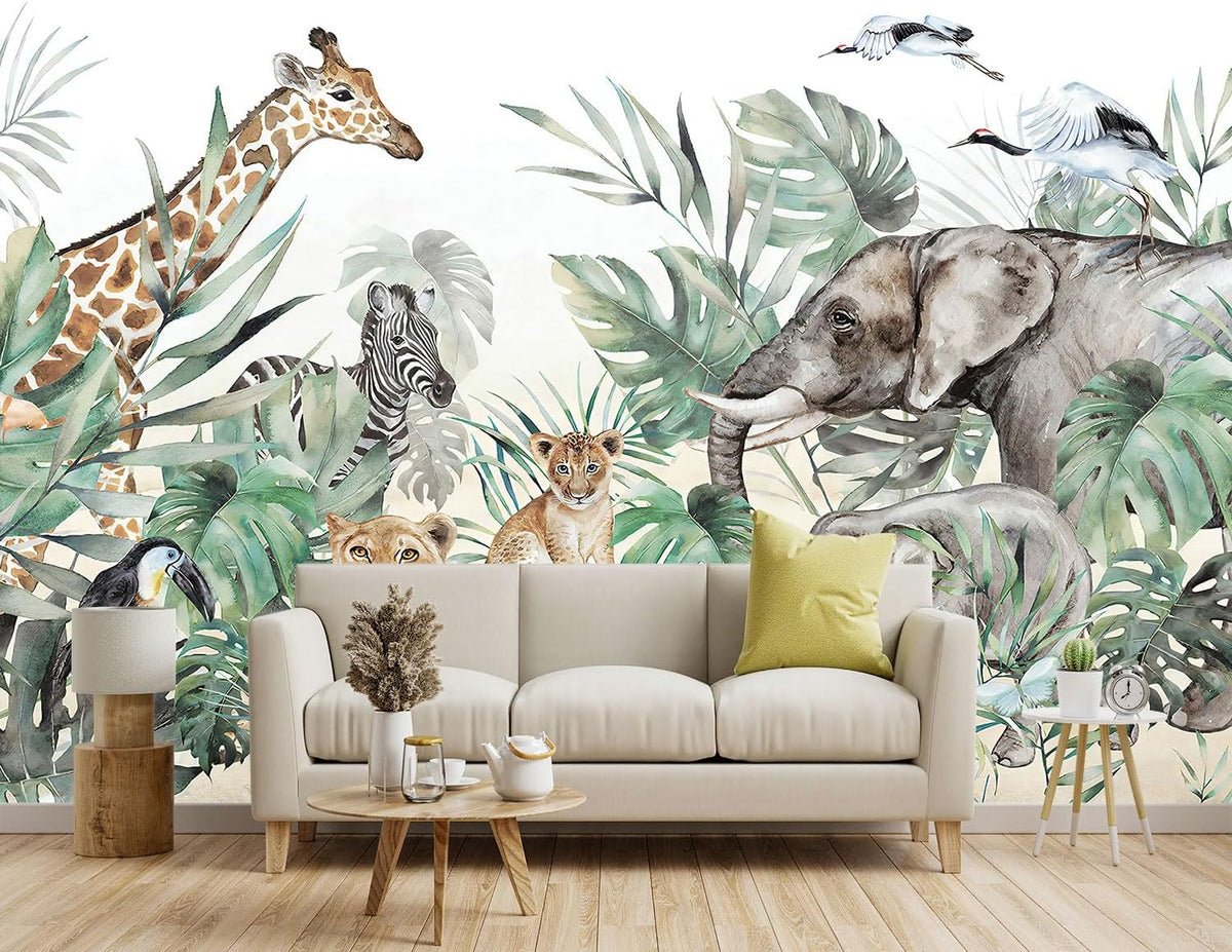 -Tropical Rainforest Plants Animals Tigers Fabric Wallpaper Jungle Plants Banana Leaves Boys Girls Kindergarten Children Bedroom Large Mural- 160"x108"（ not Peel and Stick）