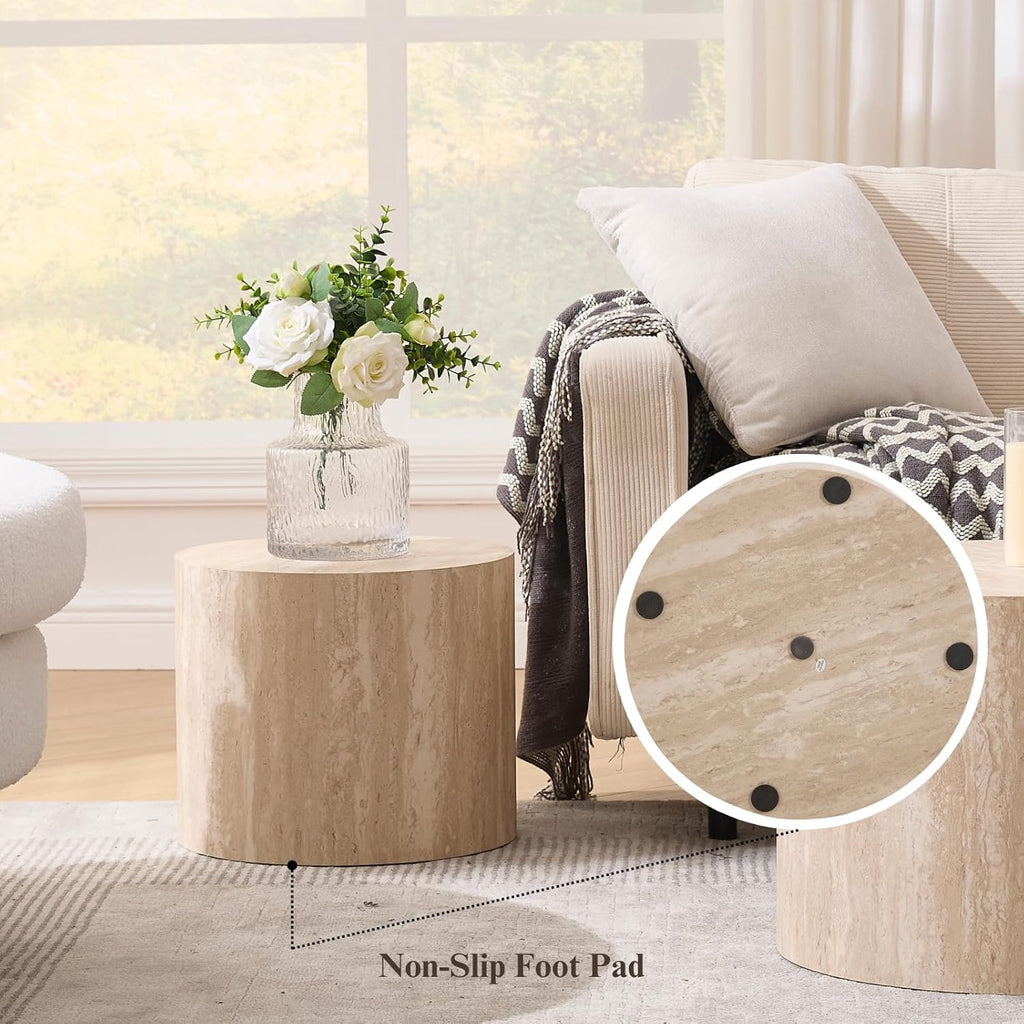 Round Coffee Tables Side Table Set of 2, Wood Nesting End Table for Living Room Balcony Office, No Assembling