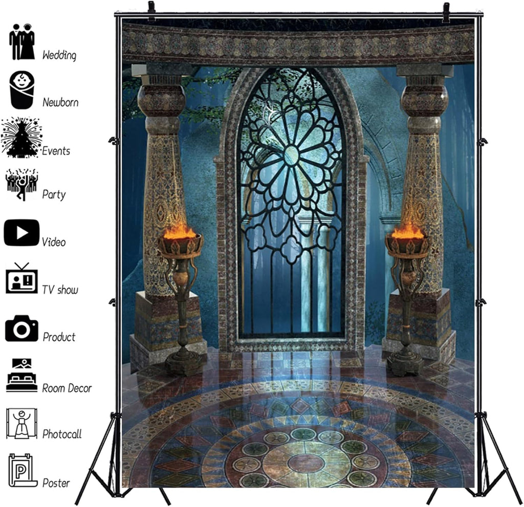 Renaiss 4x6ft Medieval Castle Backdrop for Photoshoot Portrait Pillar Torch Gothic Stone Tower Ancient Old Fortress Interior Photography Background Halloween Party Decor Wallpaper Photo Studio Props