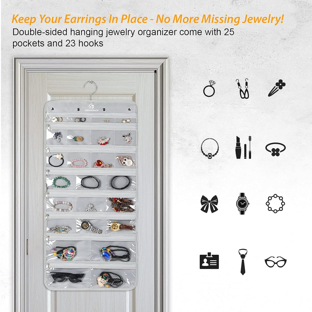 Freegrace Hanging Jewelry Organizer Revolving Hanger - Secure Zipper Closure - 25 Pockets,23 Hooks - Foldable Storage & Display Solution - For All Jewelry & Bijoux (Gray)