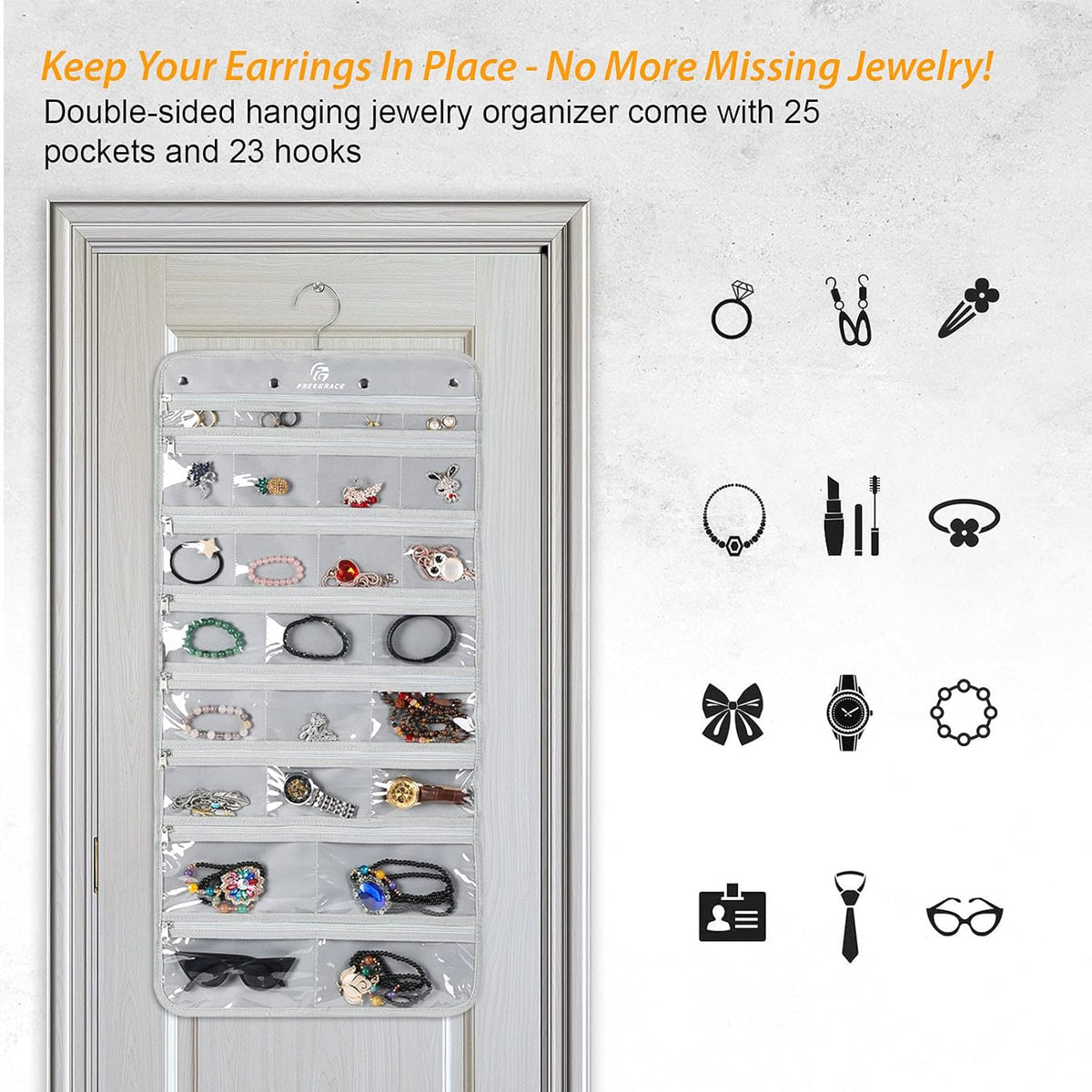 Freegrace Hanging Jewelry Organizer Revolving Hanger - Secure Zipper Closure - 25 Pockets,23 Hooks - Foldable Storage & Display Solution - For All Jewelry & Bijoux (Gray)