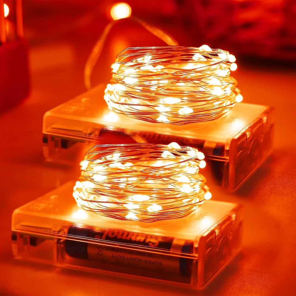 Halloween Fall Decorations Orange Fairy String Lights Indoor, Battery Operated with Timer, 2 Pack Total 33FT 100 Led Mini Battery Powered Twinkle Mason Jar Waterproof Firefly Lights DIY Party