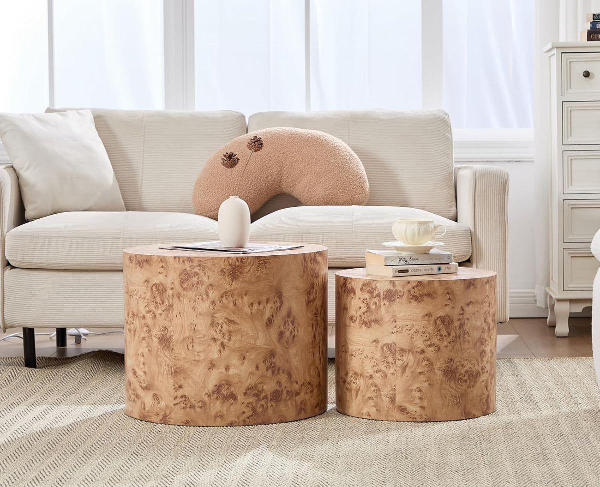 EALSON Nesting Coffee Tables Set of 2 Farmhouse Small Round End Tables Modern Wood Circle Side Table Drum Table for Living Room Small Spaces Bedroom Balcony, No Assembly, Natural Burl