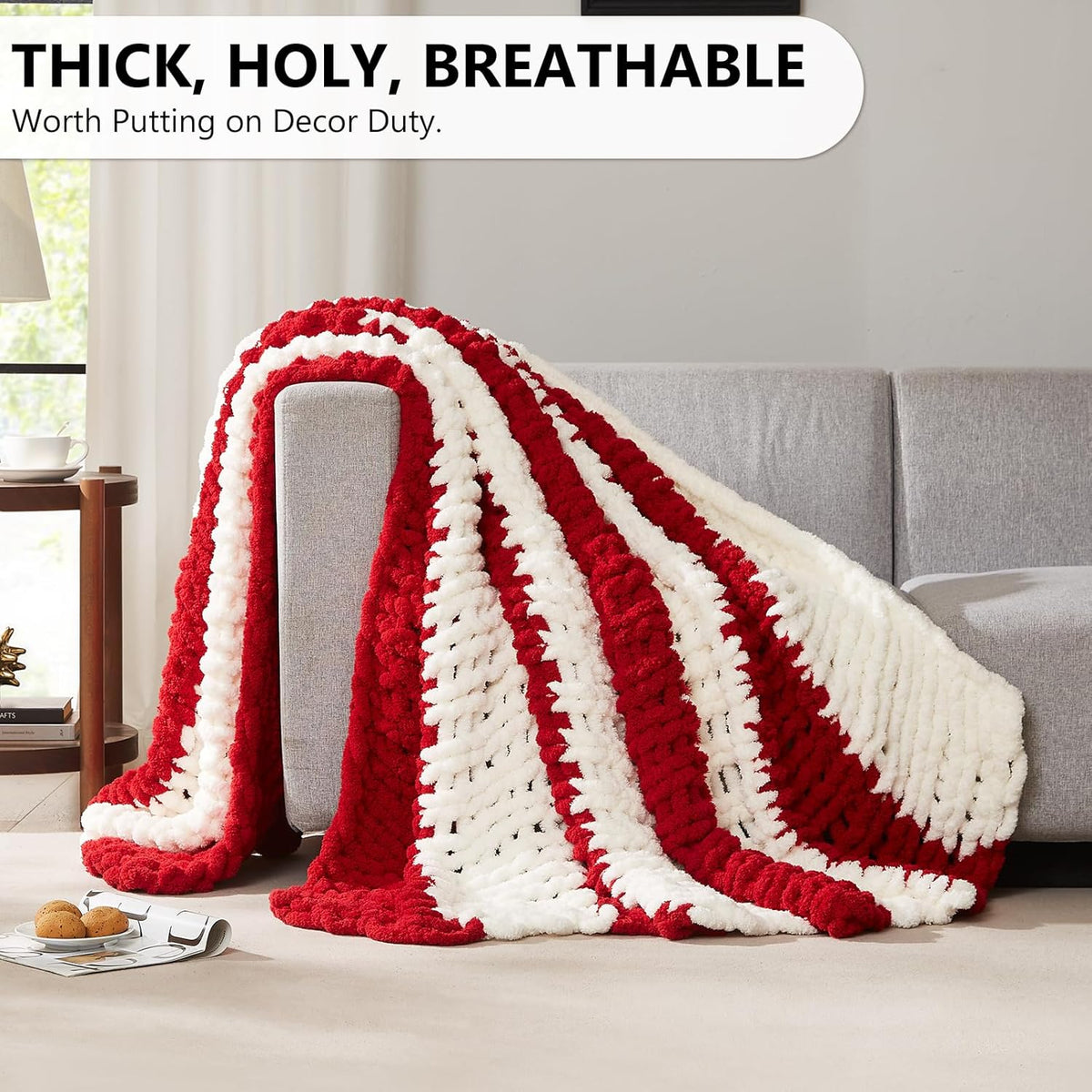 L'AGRATY Chunky Knit Blanket Throw: 72''x84'' Chenille Chunky Knitted Throw Blanket for Bed Couch - Handmade Thick Big Cable Knit Blanket - Large Chunky Crochet Blanket for Home Decor(Red White)