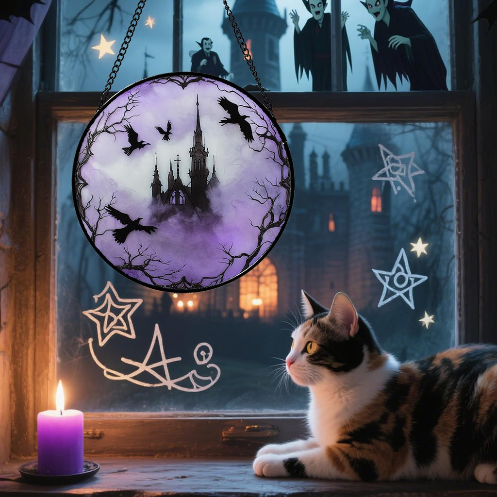Stained Glass Window Hanging - Halloween Gothic Castle Purple Smoke Suncatcher for Doors Garden Home Spooky Crow Sun Catchers Gothic Decor Horror Gift for Women Men Friend Boy Girl 11.8 in