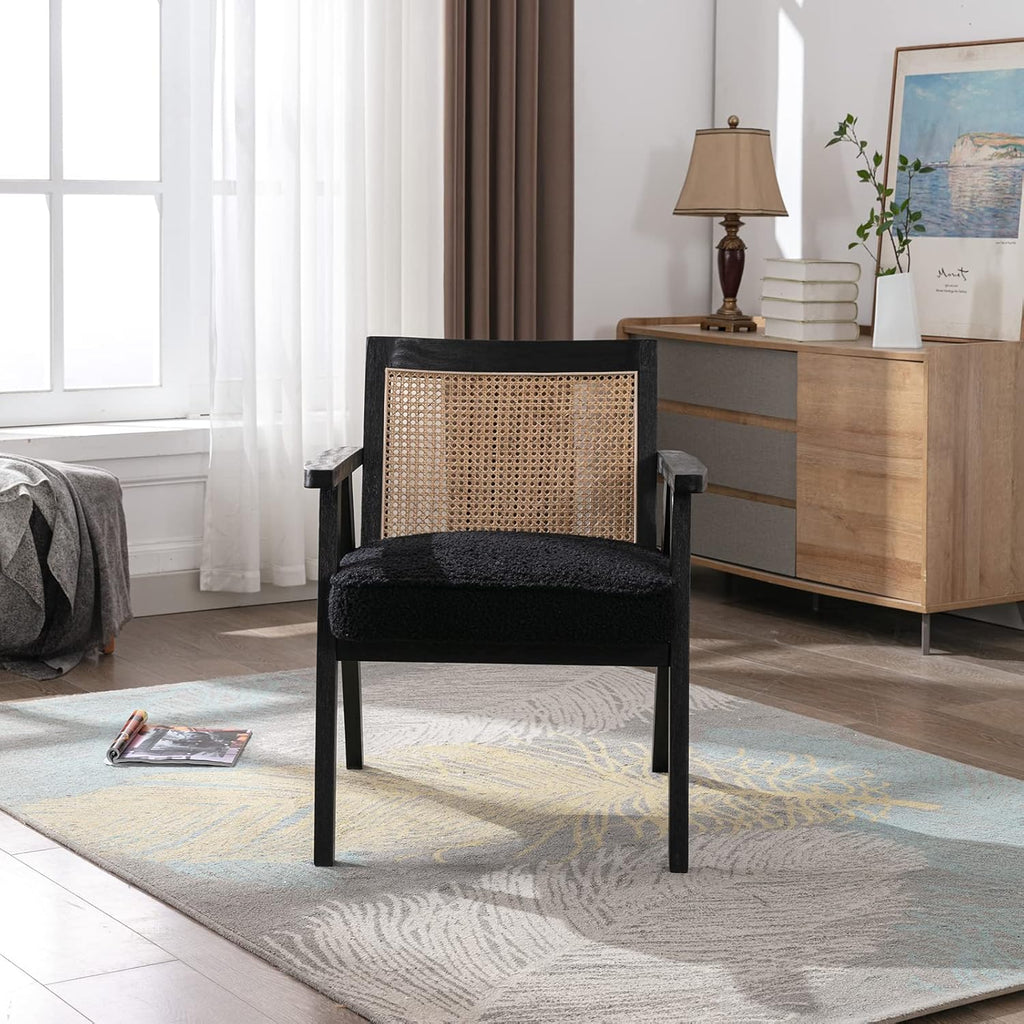 Accent Rattan Chairs Set of 2, Faux Fur Upholstered Living Room Chairs with Cane Back, Retro Mid Century Modern Cane Chair Armchair for Reception Reading Indoor Outdoor, Black