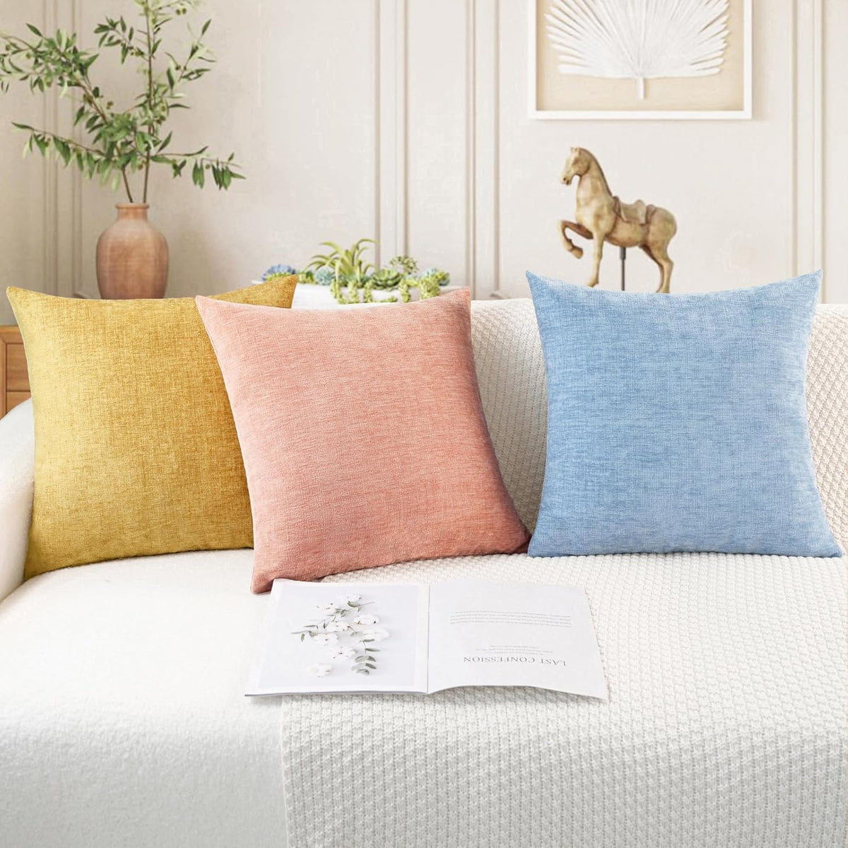CaliTime Throw Pillow Covers Decorative 18 X 18 Inches Pack of 2 Cozy Chenille Cushion Cases for Couch Sofa Bed Living Room Home Baby Blue