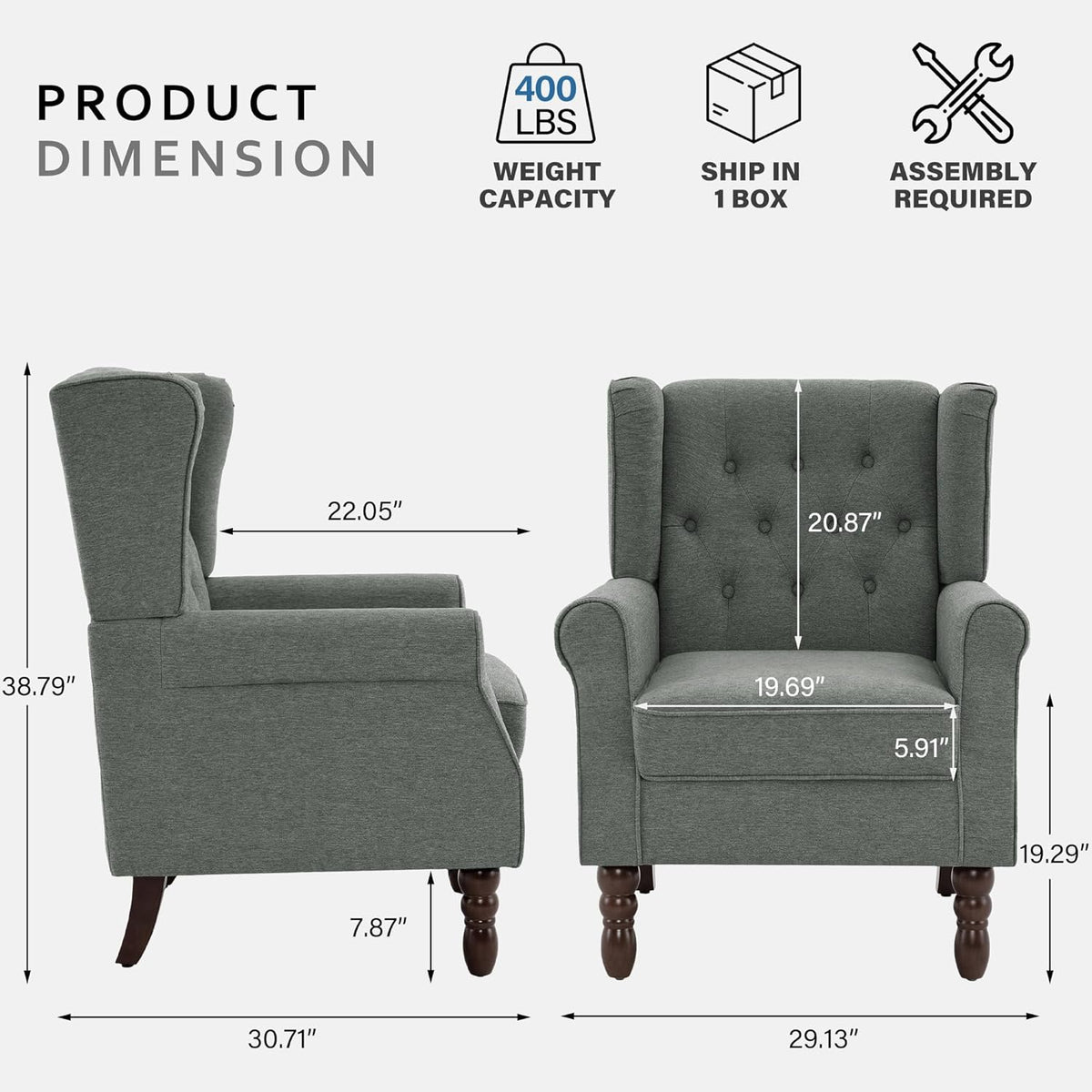 Lumibee High Back Accent Chair Set of 2,Upholstered Wingback Armchair with Solid Wood Legs for Small Spaces,Comfy Single Sofa Chair for Living Room,Bedroom,Office-Gray