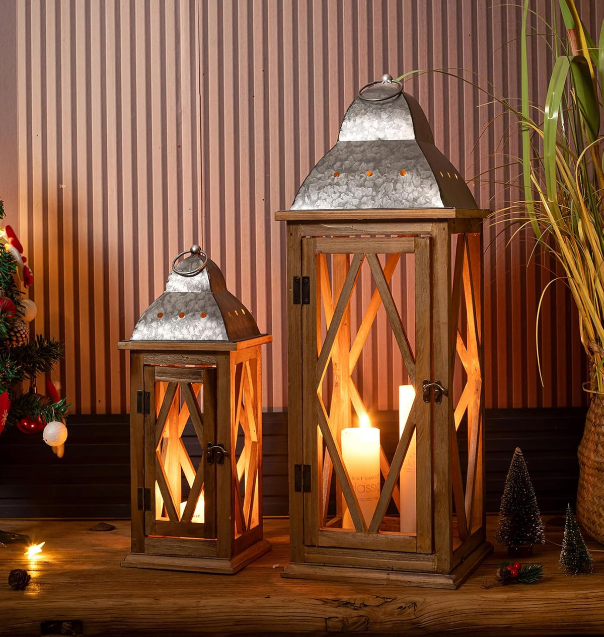 Large Farmhouse Wooden Metal Lantern Set of 2, Rustic Decorative Floor Candle Lanterns, Indoor/Outdoor Hanging Lanterns for Home Decor (No Glass)