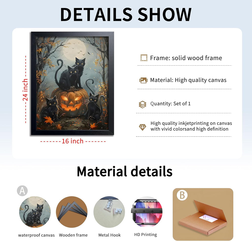 Halloween Black Cat Wall Art, Dark Academia Spooky Pumpkin Poster Wall Decor, Vintage Gothic Witchy Cat Canvas Print, for Bedroom Living Room Aesthetic Decor 16x24 Inch Wood Framed