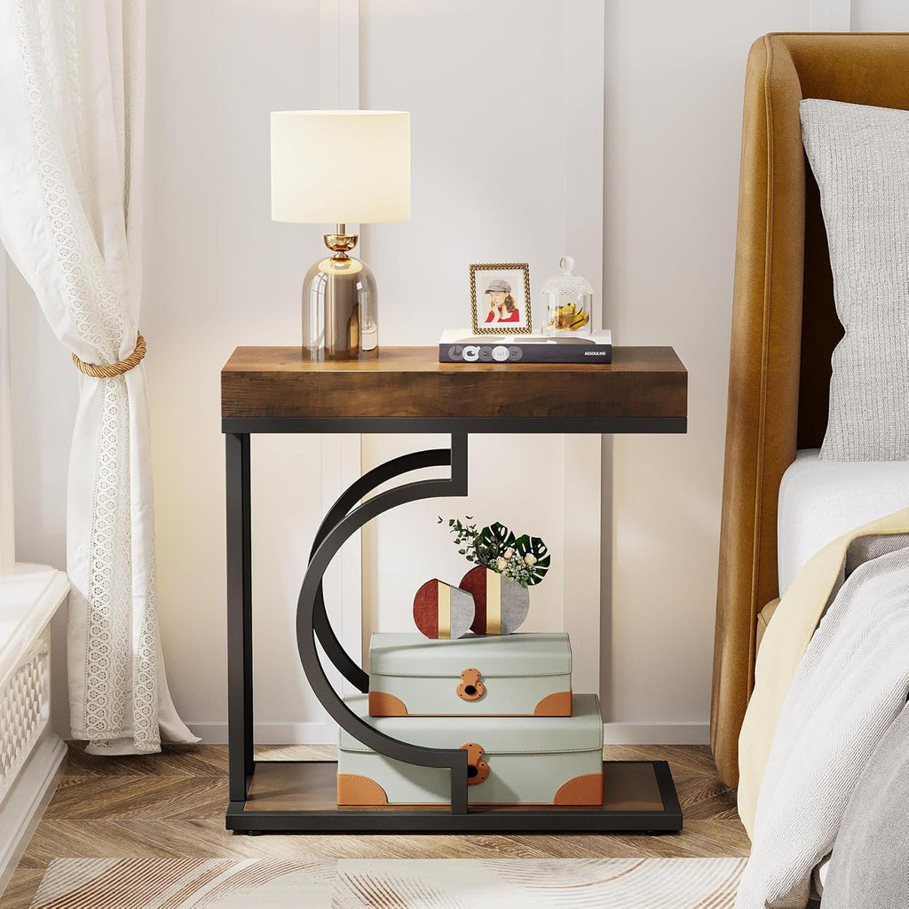 Tribesigns Narrow Side Table Brown Black C Shaped End Table Modern Bedside Tables for Couch, Small Sofa Tables with Metal Frame for Living Room (1, Brown+Black)