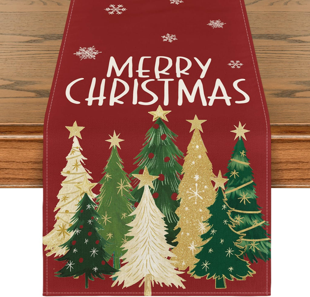 Artoid Mode Xmas Trees Snowflakes Red 210 GSM Merry Christmas Table Runner, Winter Kitchen Dining Table Decoration for Home Party Decor 13x120 Inch