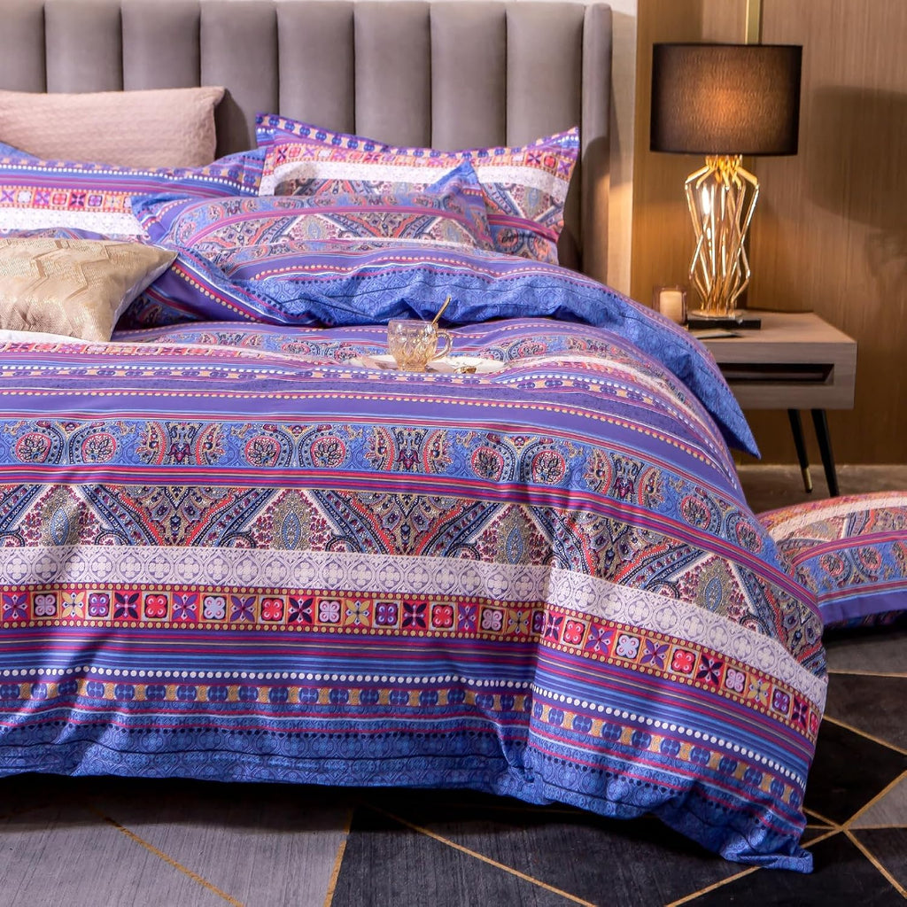 ABREEZE Bohemian Vintage Full Size Floral Cotton Bedding Set 3Pcs Duvet Cover Set Boho Purple Paisley 100% Egyptian Brushed Cotton Reversible Home Bedding Collection