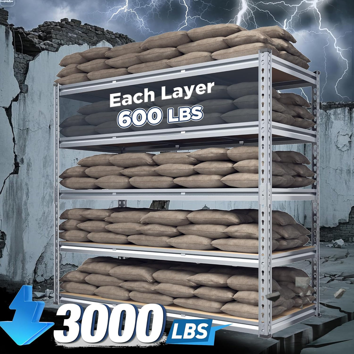 REIBII Garage Shelving, 5 Tier Storage Shelves Load 3000LBS, Adjustable Garage Shelving Heavy Duty, Metal Shelves Unit for Basement, Warehouse, 48" W x 72" H x 18" D, Galvanized