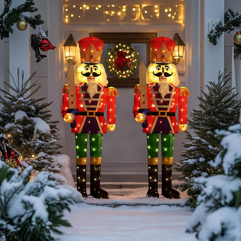 61Inch Nutcracker Christmas Decor Outdoor with LEDs 5 Feet Lighted Large Nutcracker Lighted Christmas Decorations Outdoor with Stakes & Zip Ties for Xmas Yard, Porch, Lawn