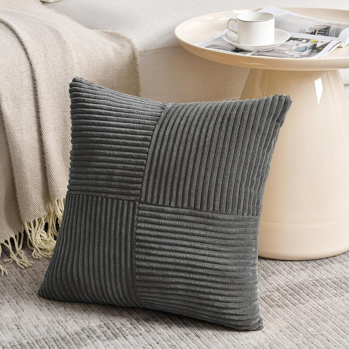 Fancy Homi 2 Packs Dark Gray Euro Decorative Throw Pillow Covers 28x28 Inch for Couch Bed Sofa, Rustic Farmhouse Boho Home Decor, Soft Corss Corduroy Patchwork Textured Square Cushion Case 71x71 cm