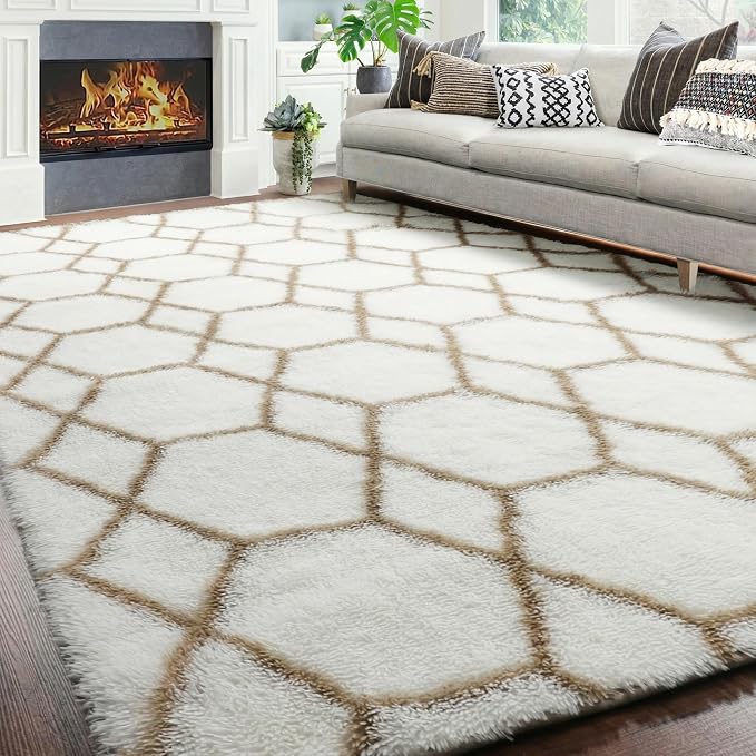 7x9 Area Rugs for Living Room Bedroom, Fluffy White and Beige Geometric Rug | - Image 4
