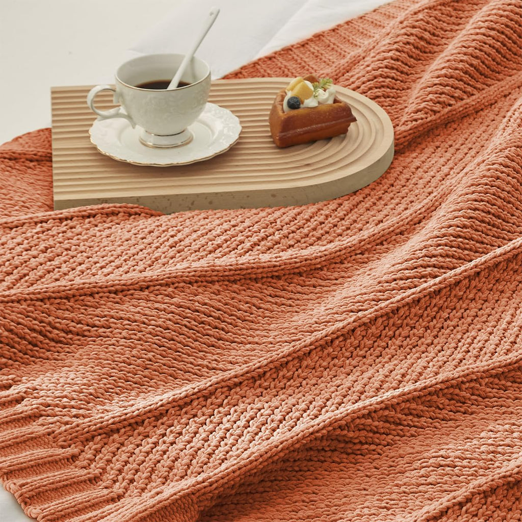 Amélie Home Chenille Knit Throw Blanket for Couch, Chevron Texture Decorative Soft Blanket for Sofa, Bed & Chair, 50"x60", Burnt Orange