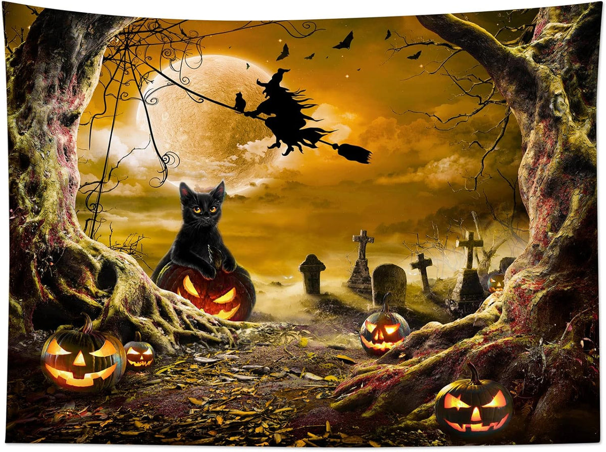LB Halloween Wall Art: Horror Witch Cat & Dead Tree Pumpkin Lights - Spooky Graveyard & Misty Forest Wall Tapestry for Bedroom & Living Room - 59x51 Inches