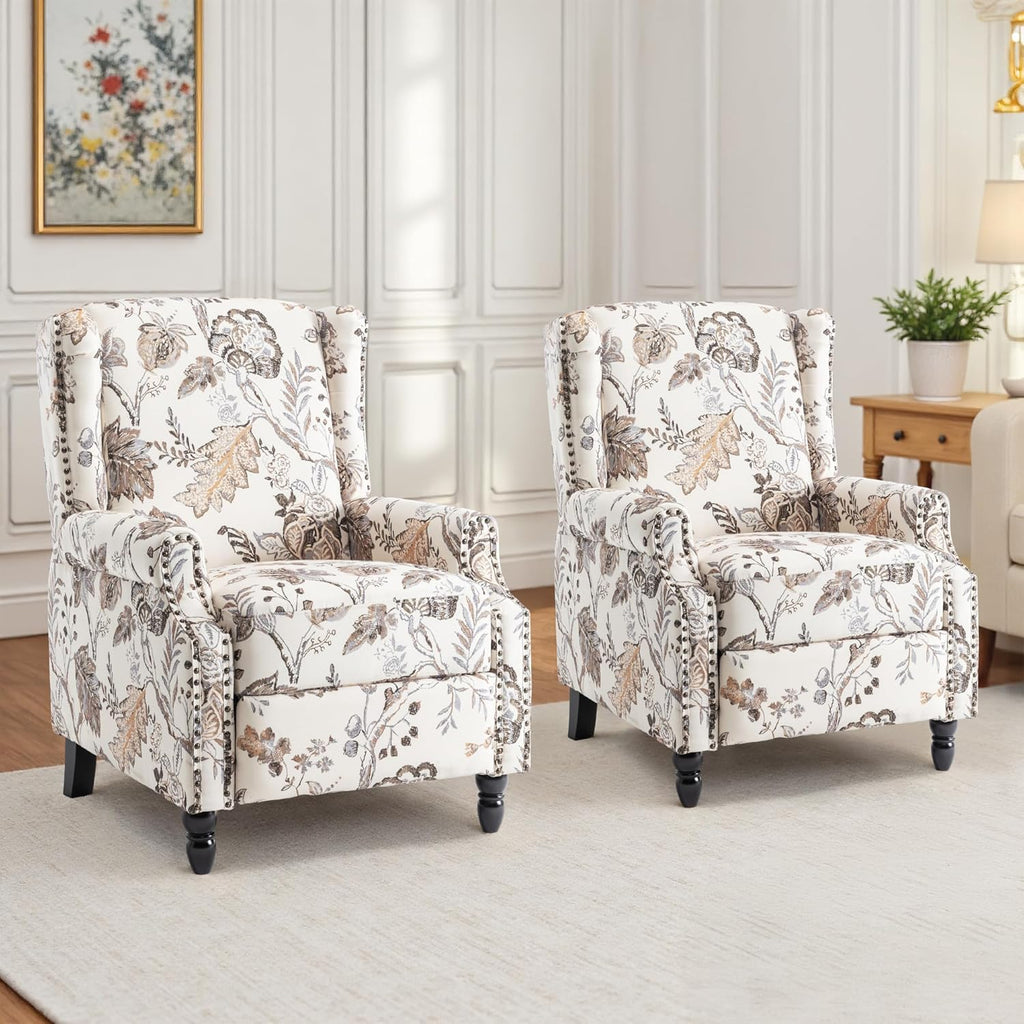 UIXE Recliner Chairs Set of 2, Fabric Upholstered Armchair Pushback Accent Chair for Living Room, Floral Rivet Trim Club Chair Home Theater Single Sofa Bedroom Side Reading Seat - Beige Plants