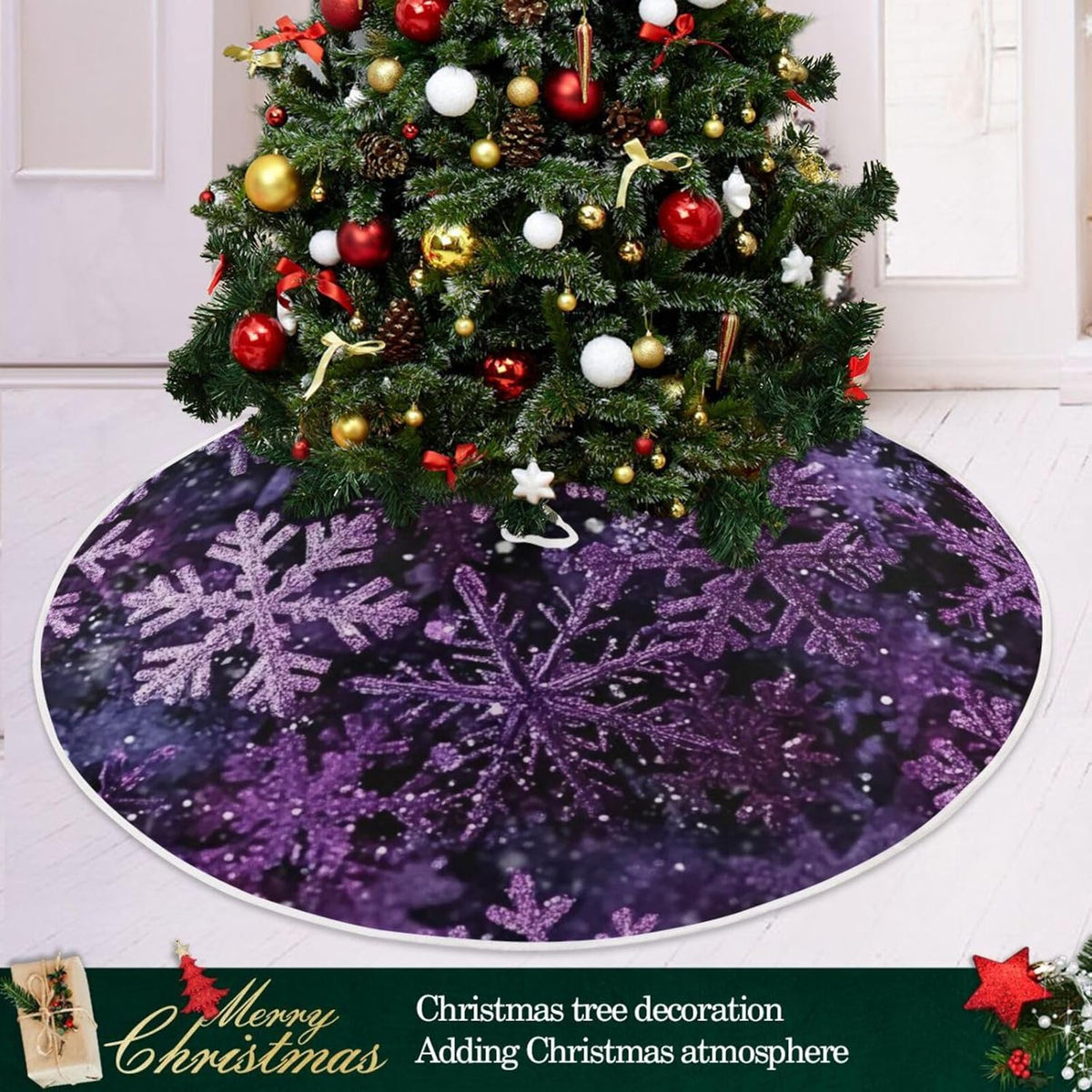 Christmas Purple Snowflake Party Tree Skirt, Seasonal Tree Mat Holiday Party Supplies Ornaments Indoor Outdoor Decorations for Tabletop Trees 47.2 Inches