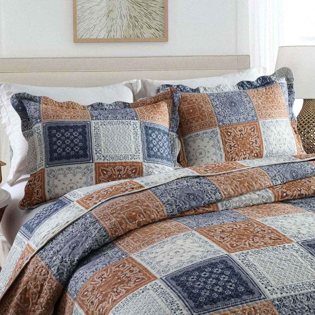 NEWLAKE Quilt Bedspread Sets-Color Block Pattern Reversible Coverlet Set,Queen Size