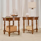 Solid Wood End Table with Drawer and Storage Shelf, Oval Sofa Side Table with Carved Legs, Living Room Corner Table, Large Beside Table, Elegant Vintage, No-Tools Assembly, Caramel Brown CJZ1533MG