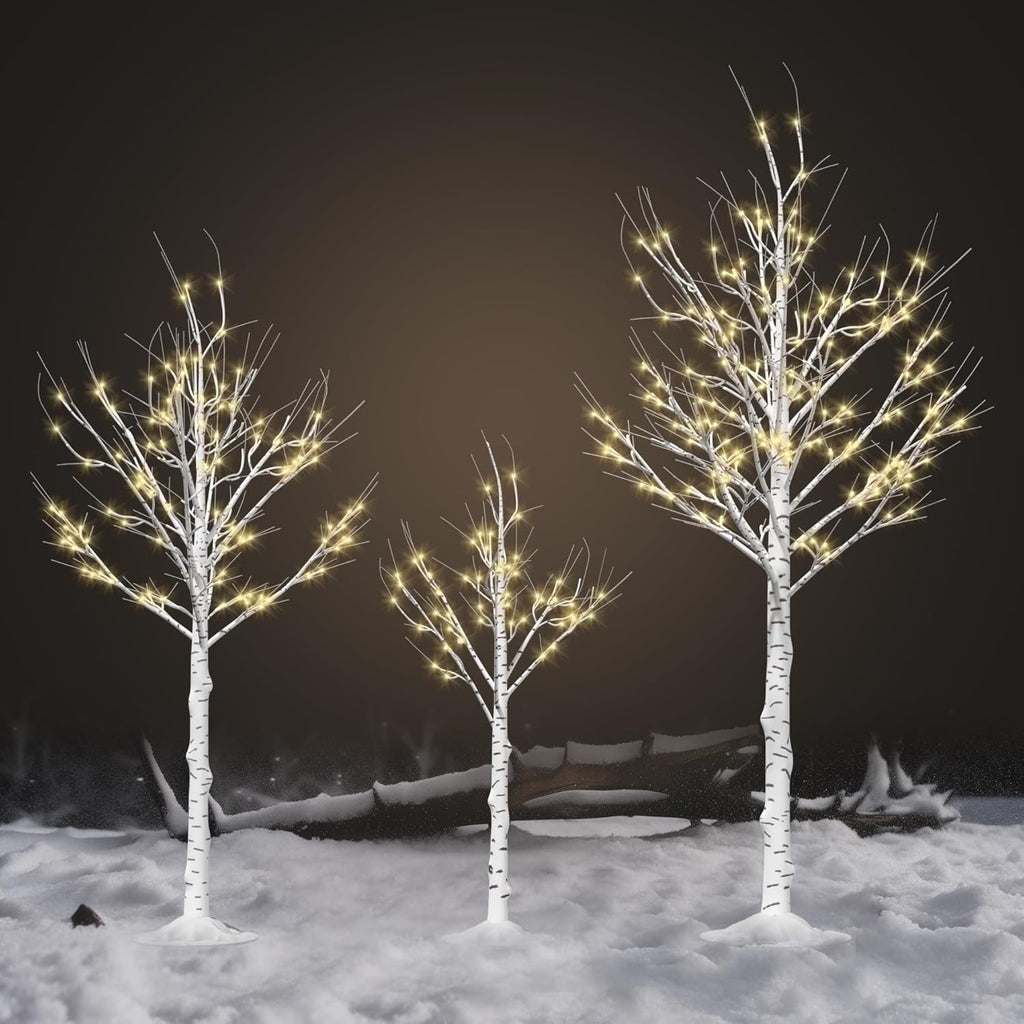 Outdoor Christmas Decorations Lighted Birch Tree Set of 3, LED Warm White 4, 6 and 8 Feet, for Indoor Christmas Decor, Party, Garden, Yard, Wedding, Holiday