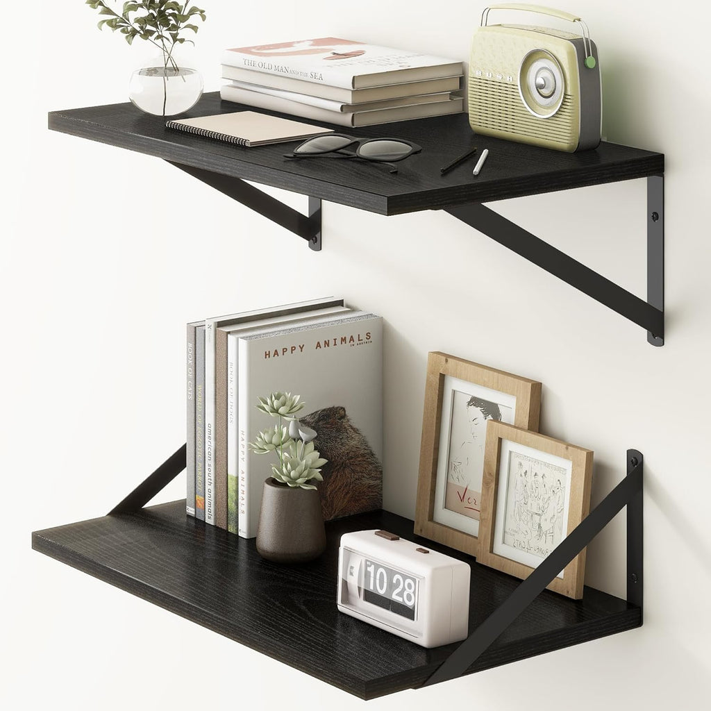 Fun Memories 20 Inch Floating Shelves for Wall, Black Bathroom Shelves Set of 2, 12 Inch Deep Wall Shelf for Bedroom, Kitchen, Large Home Decor Shelves Farmhouse Storage Shelf