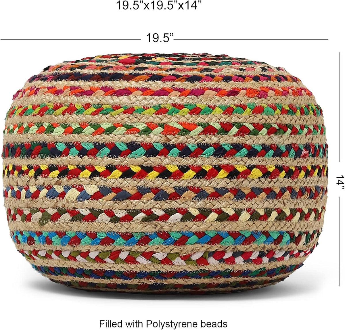 REDEARTH Round Pouf Ottoman - Braided Boho Poof Home Décor Pouffe Accent Sitting Circular Foot Rest for Living Room, Bedroom, Nursery, Kidsroom, Lounge; Jute and Cotton (19.5"x19.5"x14"; Multi)