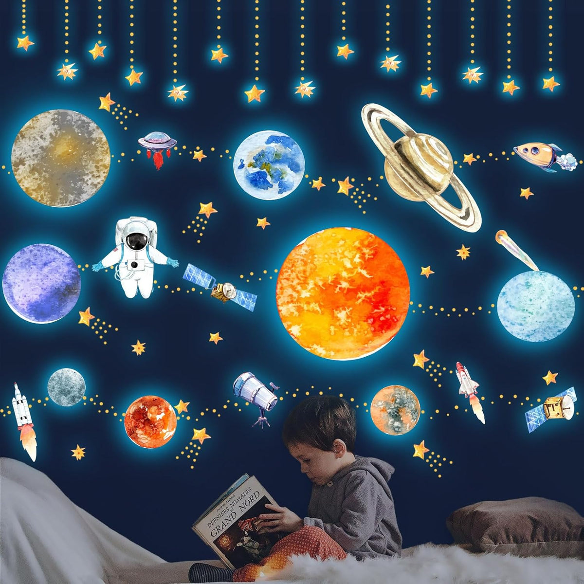 Glow in The Dark Planets and Stars Wall Decals, Luminous Astronaut Galaxy Space Rockets Wall Stickers Space Ceiling Decor for Boys Girls Bedroom Kids Baby Nursery Living Room Decoration