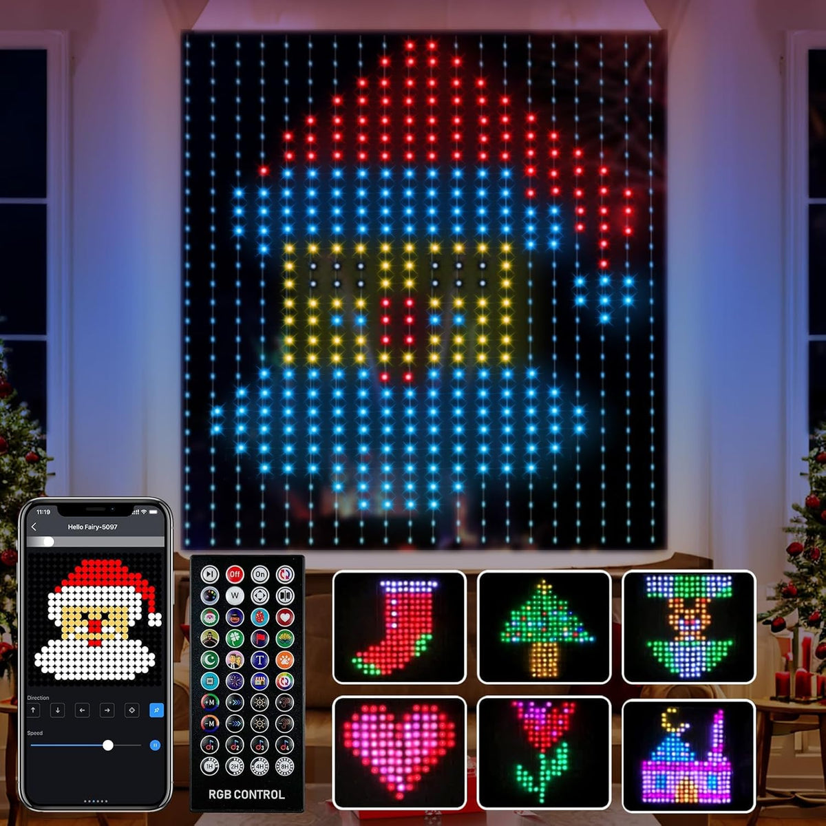 Amposei Smart Curtain Lights, Smart LED Curtain String Lights Outdoor, 540 LEDs Christmas Lights, Dynamic DIY Light, Music Sync Color Changing Fairy Lights with APP Remote Control for Backdrop Bedroom