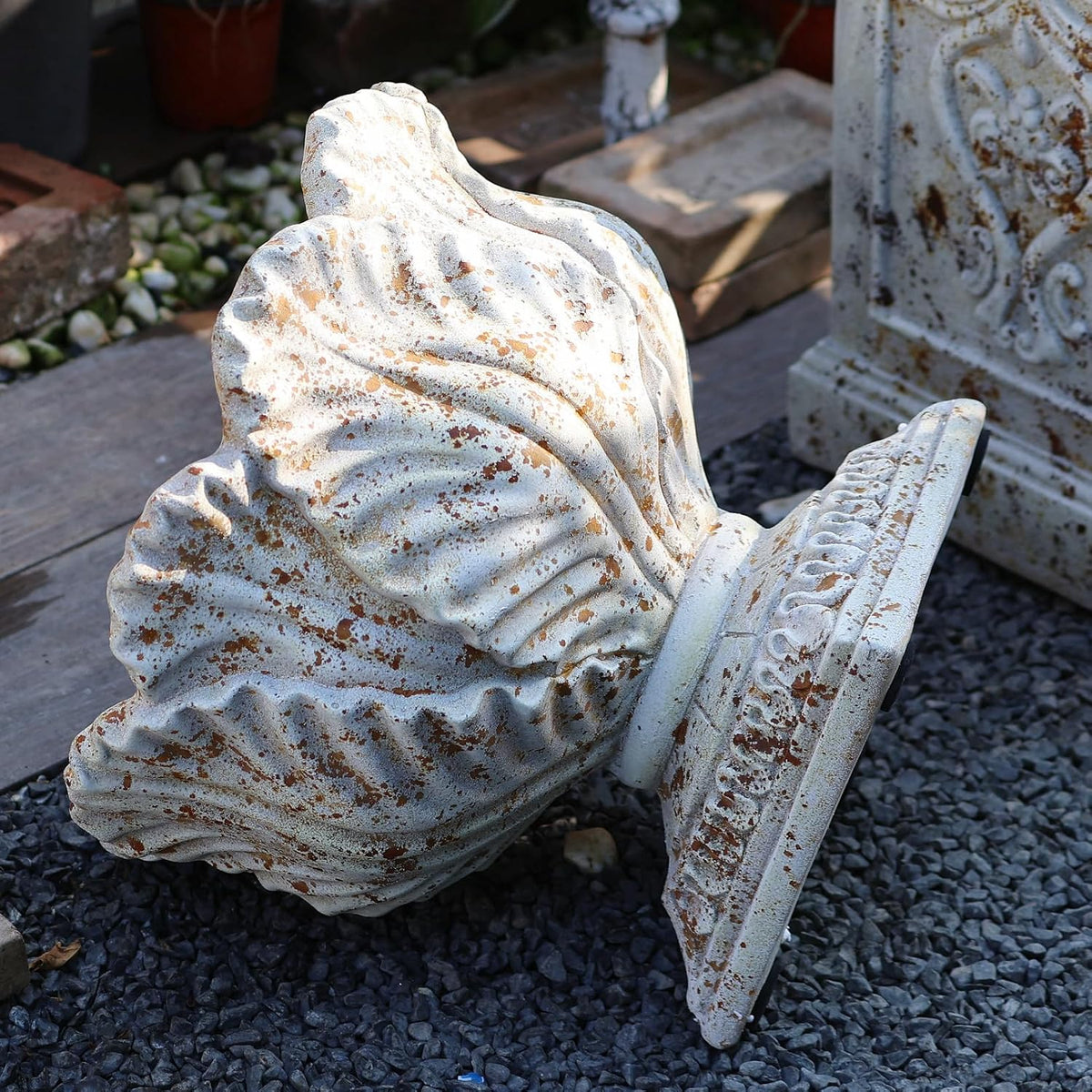 Vintage Garden Urn Planter with Pedestal, Cement and Fiber, Maked Antique, Decorative Leaf Pattern, 14.2x11.8 Inch Pot with 19.3 Inch Stand, Wrap Foam Safely Delivered from Local Warehouse (Antique)