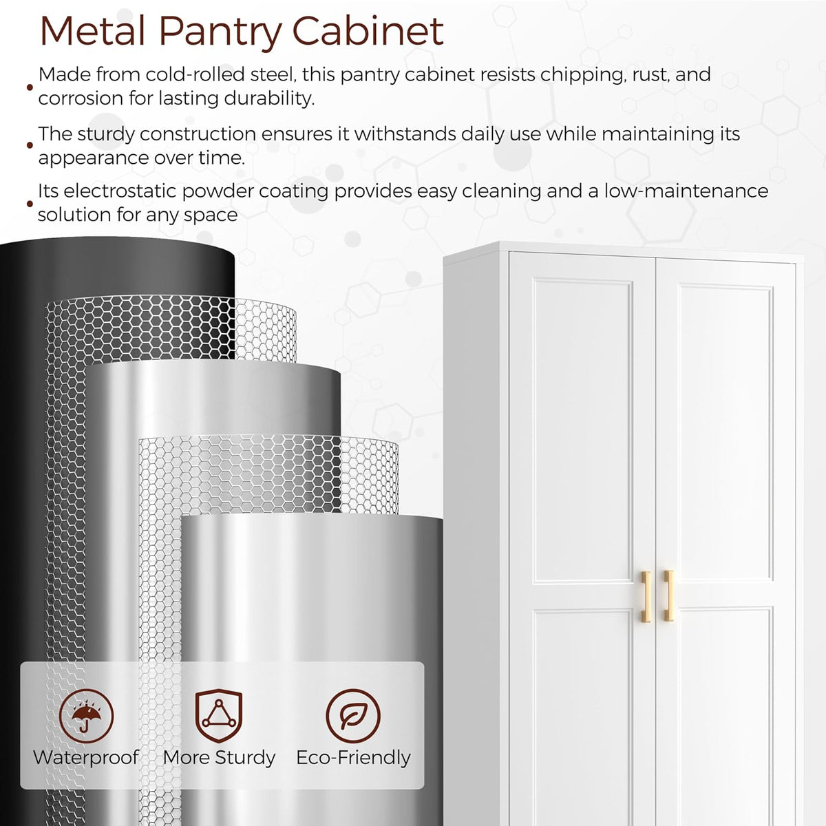 60" Tall Metal Pantry Cabinet, White Kitchen Pantry Storage Cabinet with 3 Adjustable Shelves and Gold Handles, Cupboard for Kitchen, Dining Room, Living Room, Bathroom