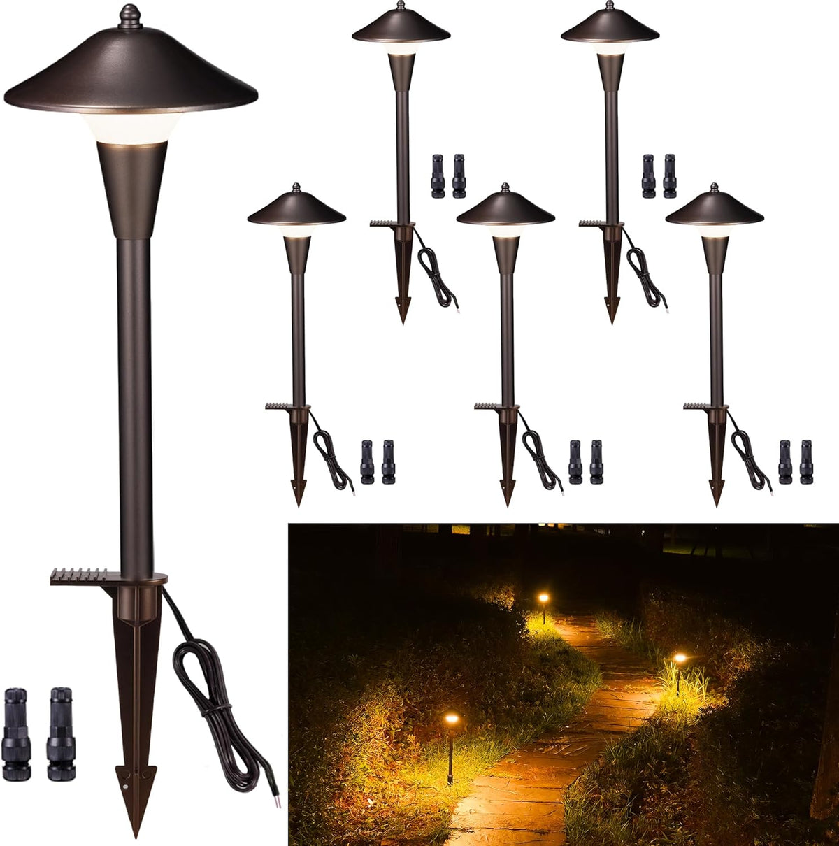 Hardwired Landscape Path Lights, Warm & Cool White Selectable Pathlight 12V, Low Voltage Walkway Light Waterproof, 5W 200LM ORB Metal Outdoor Lighting for Driveway Garden Sideway (6 Pack)