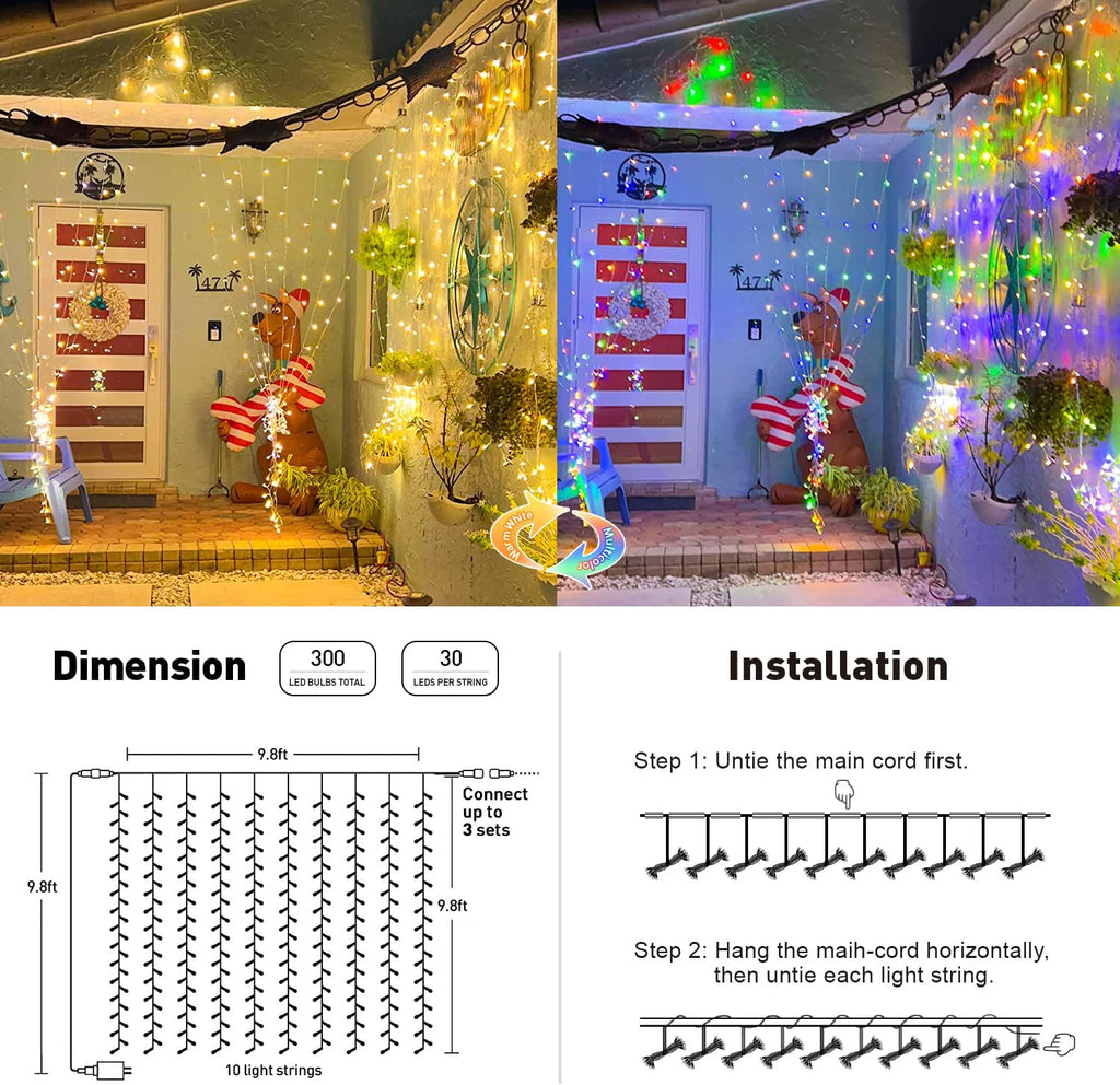 JMEXSUSS 300LED Dual Color Changing Curtain Lights with Remote, 9.8 x 9.8ft Connectable Plug in Christmas String Lights for Bedroom Backdrop Outdoor Decor, Warm White to Multicolor