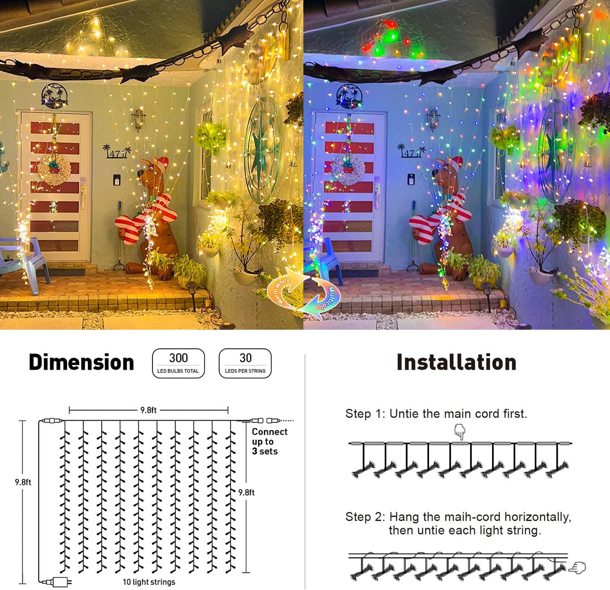 JMEXSUSS 300LED Dual Color Changing Curtain Lights with Remote, 9.8 x 9.8ft Connectable Plug in Christmas String Lights for Bedroom Backdrop Outdoor Decor, Warm White to Multicolor