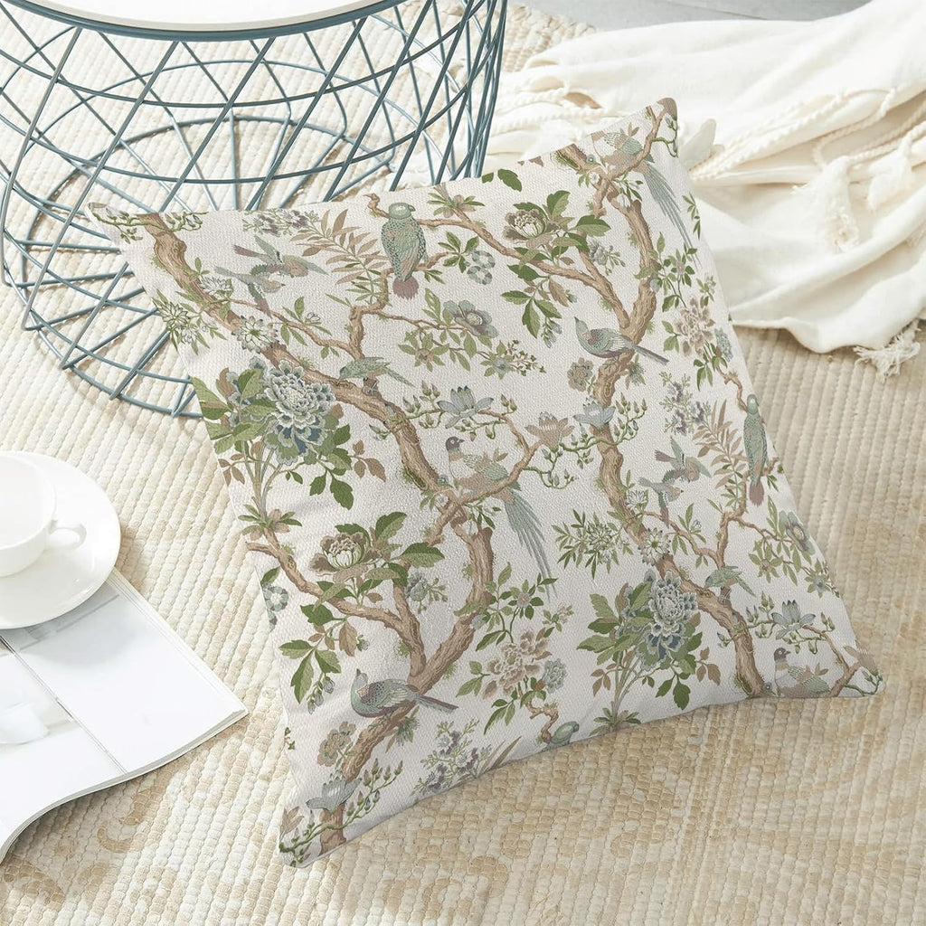 CXMEIFLY Chinoiserie Spring Pillow Covers 16 x 16 Inch Set of 2 for Sage Green Blue Vintage Flowers Bird Decor Throw Pillows Plant Farmhouse Outdoor Decorative Cushion Cases for Couch Bed Decorations