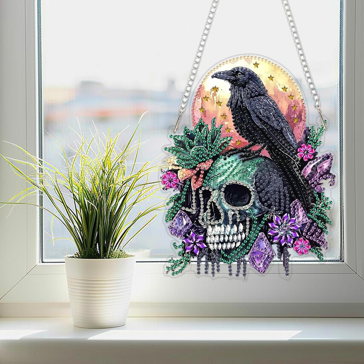 SENQAO Crow Diamond Art Hanging Kit for Adult, Special Shaped Rhinestone, Double Sided DIY Acrylic Diamond Art Painting Window Pendants Home Garden Wall Hanging Kits Hanging Ornament (Raven Skull)