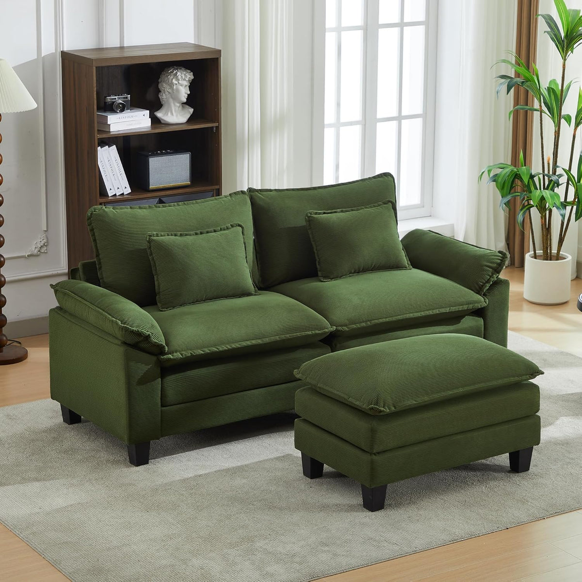 URRED Modular Sectional Sofa Comfy Cloud Couch, Modern Corduroy Sofa Sleeper Deep Seat Couches with Ottoman/Pillows for Living Room (Green, 82.6''- L Shape)
