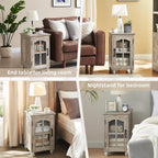 Narrow Side Table,Farmhouse Nightstand with Charging Station,Wood End Table with Glass Barn Door Storage, Cabinet Organizer with Adjustable Shelf, Night Stand for Small Spaces for Living Room Bedroom