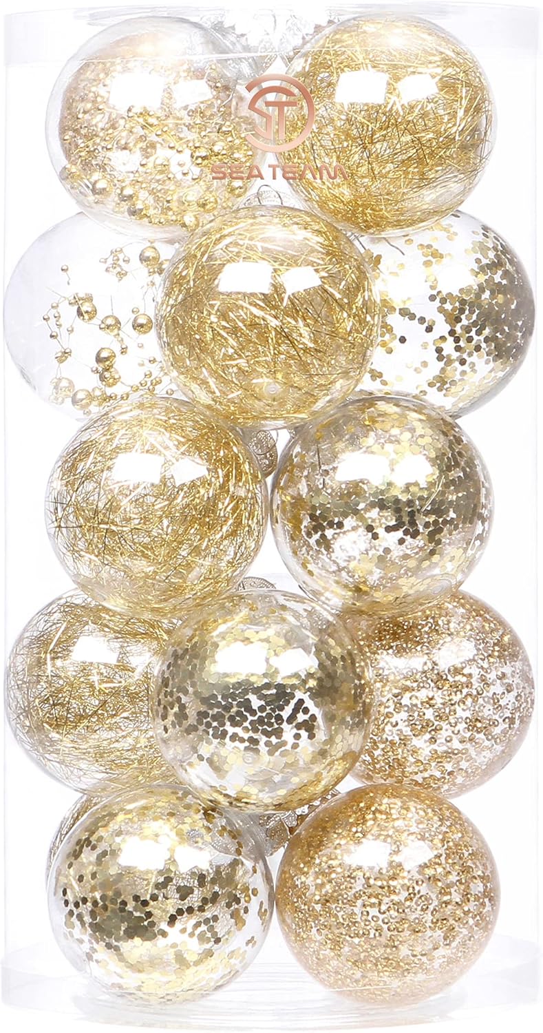 Sea Team Shatterproof Clear Plastic Christmas Ball Ornaments Decorative Xmas Balls Baubles Set with Stuffed Delicate Decorations (80mm/3.15 inch 20-Pack, Gold)