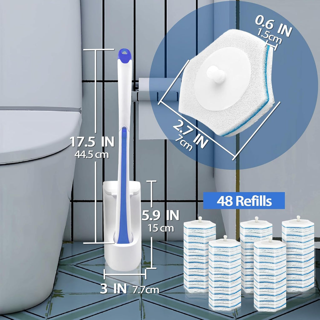 JEHONN Disposable Toilet Brush with 48 Wand Cleaner Refills, Wall Mounted Toilet Bowl Brush Holder Set, Bathroom Cleaning System for Sink Bathtub Wash Basin (Blue)