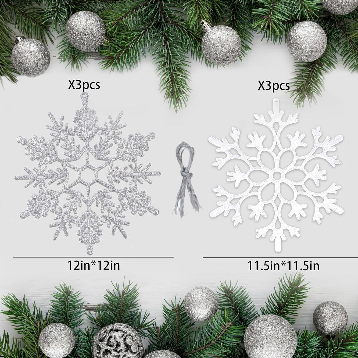 6pcs Large White Silver Snowflakes Ornaments Big Plastic Glitter Snowflake for Winter Indoor Outdoor Christmas Tree Window Room Decorations Giant Craft Snowflakes, 12/11.5 Inch