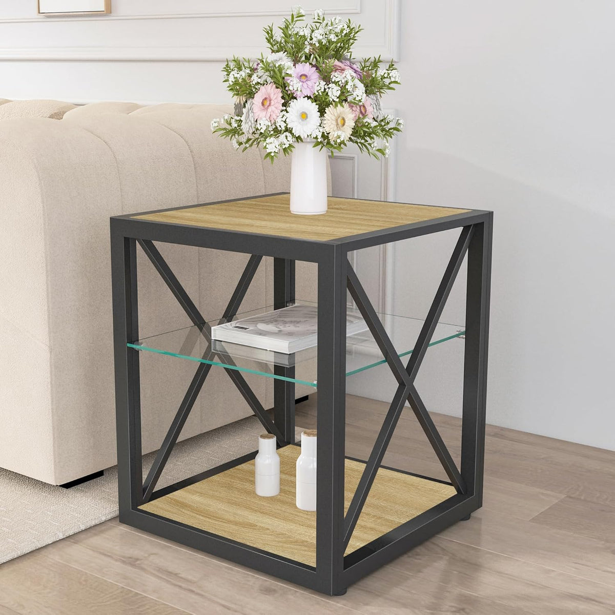 Farmhouse End Table Set of 2, Modern Side Table with 3-Tier Storage Shelf, Square Rustic Nightstand, Accent Tea Table, for Bedroom Office Living Room, Brown, Natural Wood, Glass, Metal
