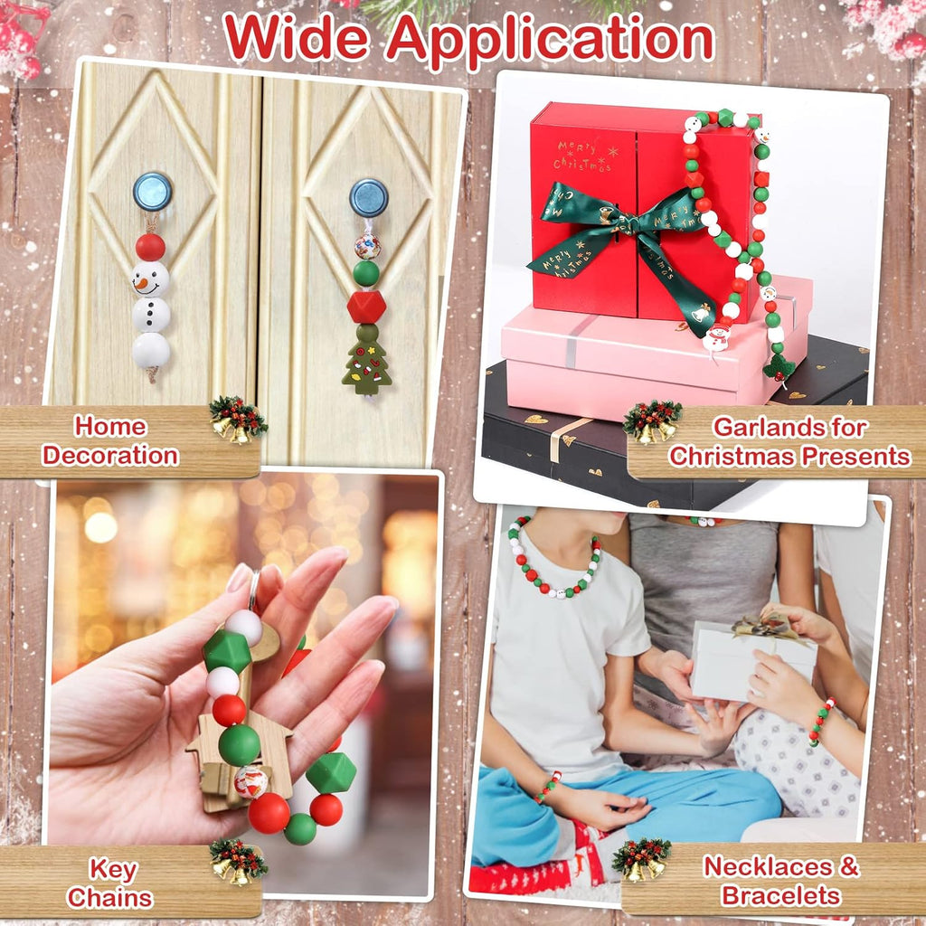 178 PCS Christmas Silicone Beads, Ornament Loose Beads Bulk with Xmas Santa Christmas Tree Silicone Beads Lanyard Snowman Wooden Beads Round Polished Spacer Bead for Decor DIY Jewelry Craft